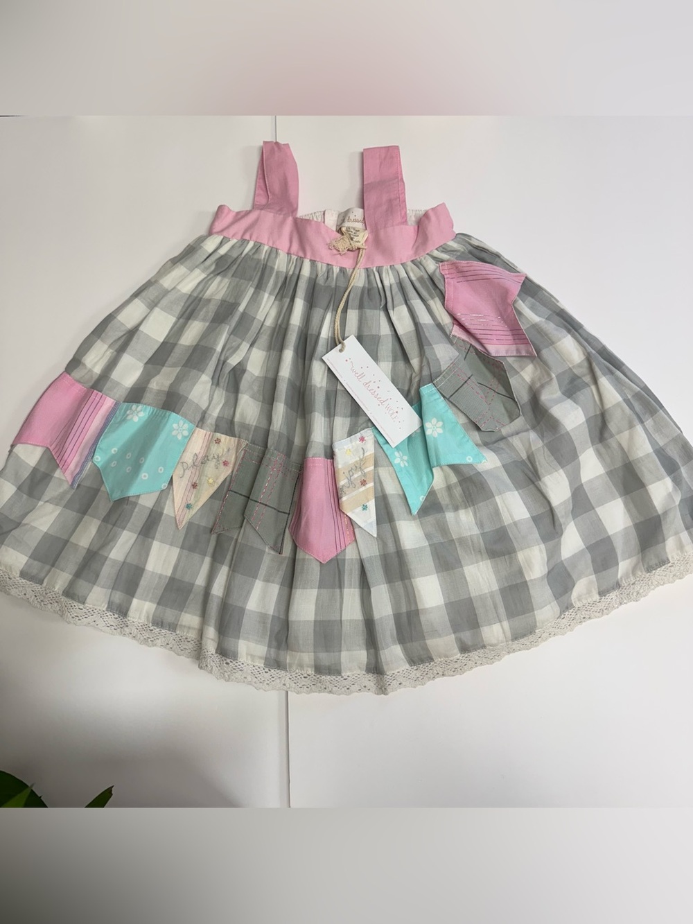 Well Dressed Wolf Joyce Party Dress Gray White Checker Pink Blue Flags Girls 4T